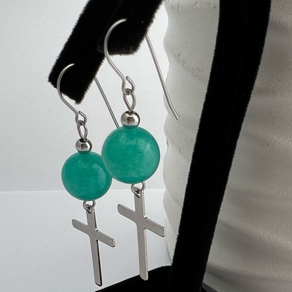 Jade Beaded Dangle Earrings with Cross Charms - Picture 5 of 12